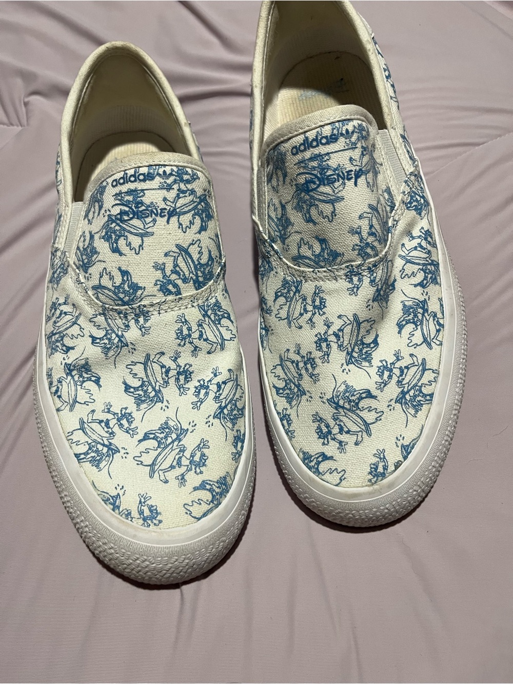 adidas Women's White Canvas Slip-On Mules with Blue Disney Print